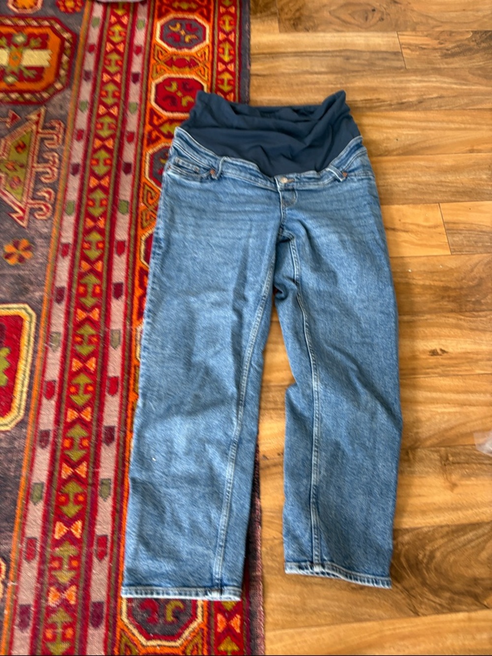 H&M MAMA Medium Blue Maternity Straight-Leg Jeans with Navy Knit Waistband